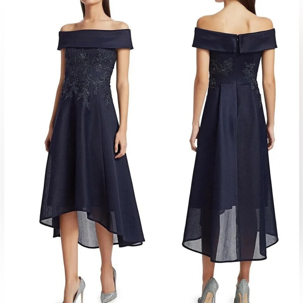 Rickie Freeman Teri Jon Navy Floral Tea Length Gown